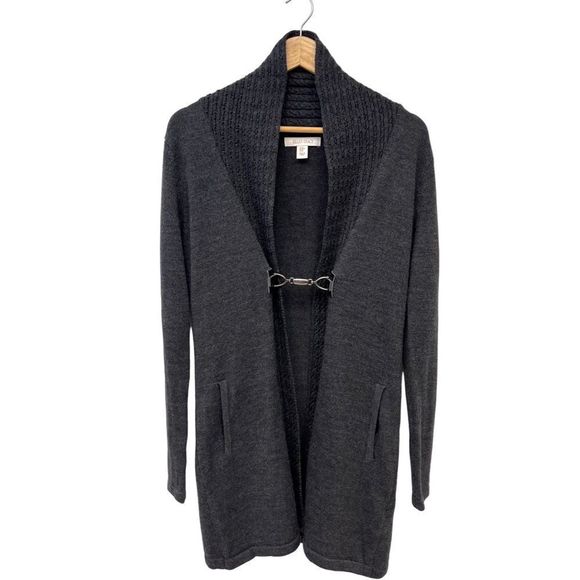 Ellen Tracy Merino Wool Blend Knit Gray Cardigan Sweater Women's Medium - Picture 1 of 7
